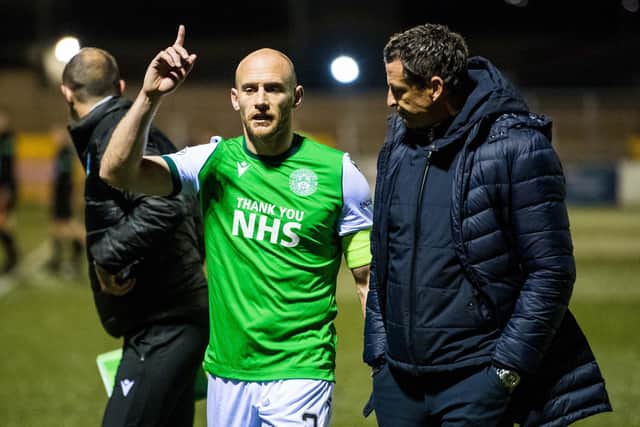 Hibernian's David Gray with manager Jack Ross at full time of Betfred Cup win over Forfar at Station Park on October 13, 2020. (Photo by Ross Parker / SNS Group)