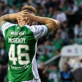 Aiden McGeady missed his penalty during the Premier Sports Cup match between Hibernian and Greenock Morton - he'll now miss the first two months of the season. (Photo by Paul Devlin / SNS Group)