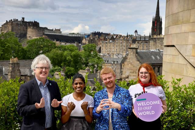 Deaf Action chief executive Philip Gerrard, festival ambassador Nadia Nadarajah, festival producer Jamie Rea and actor Amy Murray  at the launch of the Edinburgh Deaf Festival this year. Picture: Colin Hattersley