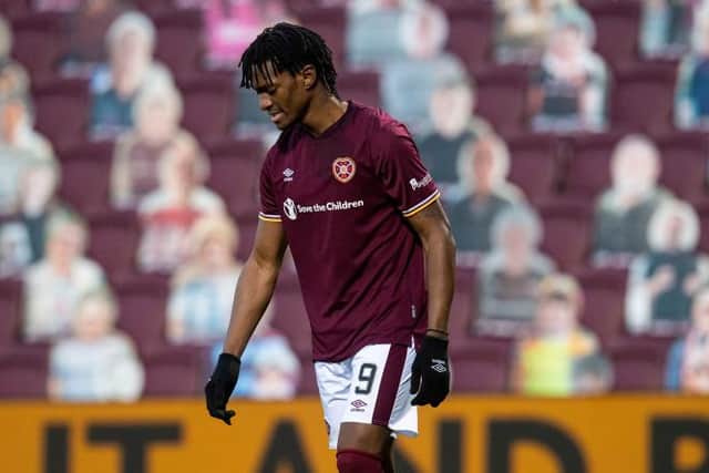 Armand Gnanduillet in action for Hearts during a Scottish Championship match between Hearts and Dunfermline Athletic at Tynecastle. (Photo by Ross MacDonald / SNS Group)