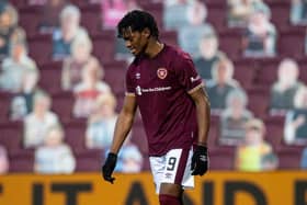 Armand Gnanduillet in action for Hearts during a Scottish Championship match between Hearts and Dunfermline Athletic at Tynecastle. (Photo by Ross MacDonald / SNS Group)
