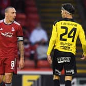 Aberdeen's Scott Brown exchanges words with William Milovanovic during last week's Europa Conference League qualifier against BK Hacken.