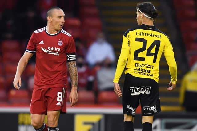 Aberdeen's Scott Brown exchanges words with William Milovanovic during last week's Europa Conference League qualifier against BK Hacken.