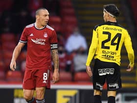 Aberdeen's Scott Brown exchanges words with William Milovanovic during last week's Europa Conference League qualifier against BK Hacken.