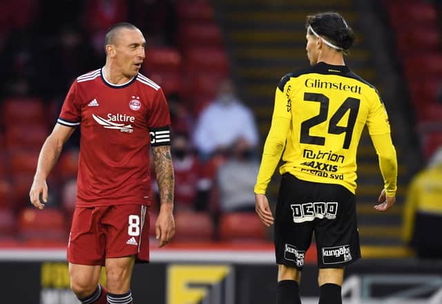 Aberdeen's Scott Brown exchanges words with William Milovanovic during last week's Europa Conference League qualifier against BK Hacken.