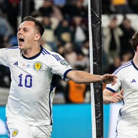 Scotland's Lawrence Shankland celebrates after scoring to make it 2-2 during a UEFA Euro 2024 Qualifier against Georgia.
