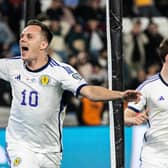 Scotland's Lawrence Shankland celebrates after scoring to make it 2-2 during a UEFA Euro 2024 Qualifier against Georgia.