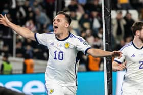 Scotland's Lawrence Shankland celebrates after scoring to make it 2-2 during a UEFA Euro 2024 Qualifier against Georgia.