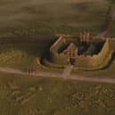 A digital reconstruction drawing issued by Historic Environment Scotland (HES) of Watling Lodge Roman Fortlet and the Antonine Wall looking directly North to Camelon Roman camp near Falkirk