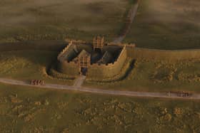 A digital reconstruction drawing issued by Historic Environment Scotland (HES) of Watling Lodge Roman Fortlet and the Antonine Wall looking directly North to Camelon Roman camp near Falkirk