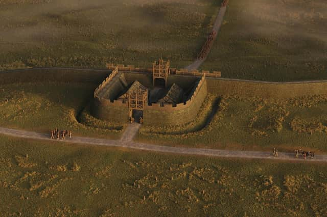 A digital reconstruction drawing issued by Historic Environment Scotland (HES) of Watling Lodge Roman Fortlet and the Antonine Wall looking directly North to Camelon Roman camp near Falkirk