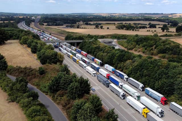 Lorries queuing during Operation Brock on the M20 near Ashford in Kent.