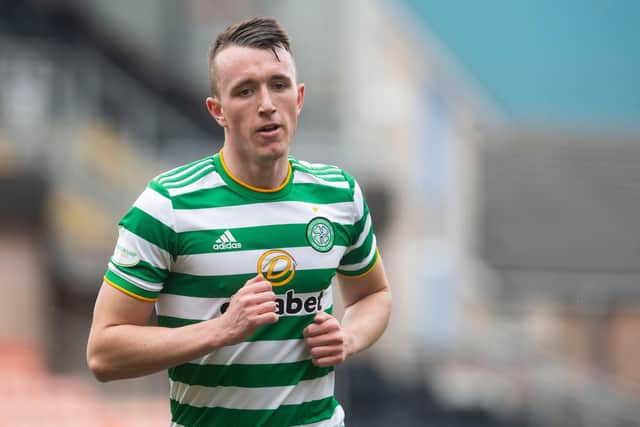 DUNDEE, SCOTLAND - MARCH 07: David Turnbull in action for Celtic during a Scottish Premiership match between Dundee United and Celtic at Tannadice Park, on March 07, 2021, in Dundee, Scotland.(Photo by Craig Foy / SNS Group)