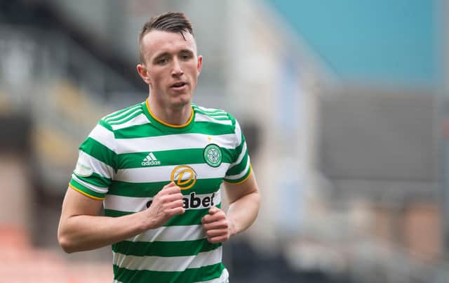DUNDEE, SCOTLAND - MARCH 07: David Turnbull in action for Celtic during a Scottish Premiership match between Dundee United and Celtic at Tannadice Park, on March 07, 2021, in Dundee, Scotland.(Photo by Craig Foy / SNS Group)