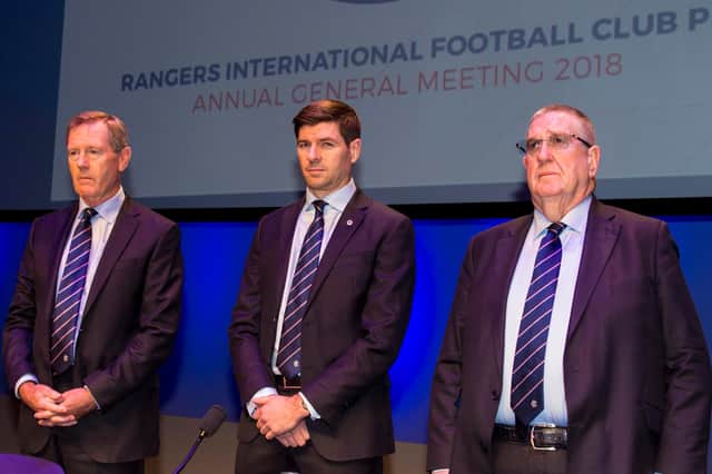 Douglas Park (right) with Rangers manager Steven Gerrard (centre) and former chairman Dave King