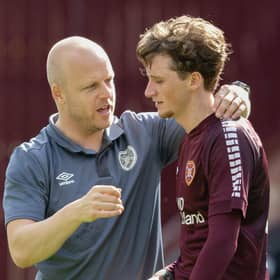 Hearts technical director Steven Naismith with Rangers loannee Alex Lowry at full time after the 4-0 win over Partick Thistle. (Photo by Mark Scates / SNS Group)