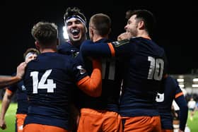 Stuart McInally celebrates with Freddie Owsley during Edinburgh's 66-3 Challenge Cup win over CA Brive. (Photo by Paul Devlin / SNS Group)