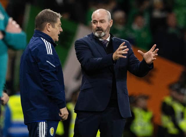 Scotland Manager Steve Clarke and John Carver during a UEFA Nations League match between Scotland and Republic of Ireland at Hampden Park, on September 24, 2022, in Glasgow, Scotland.  (Photo by Craig Williamson / SNS Group)