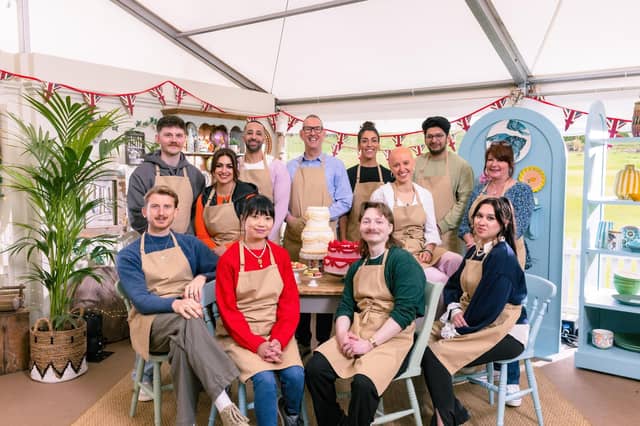 The Great British Bake Off Series 16 contestants (back row, left to right) Toby, Nadia, Aaron, Leighton, Jessika, Jasmine, Hassan and Lesley; and (front row, left to right) Tom, Pui Man, Iain and Nataliia.