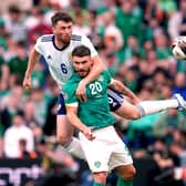 Republic of Ireland's Scott Hogan battles for possession of the ball with Scotland's John Souttar, (left) during the UEFA Nations League match at the Aviva Stadium, Dublin.
