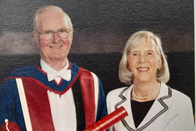 Roger Miller in 2011 after receiving his Edinburgh Napier University honorary doctorate, with wife Jean