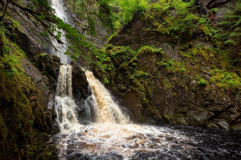 The Plodda falls are some of the most spectacular and accessible of Scottish waterfalls. Just a short walk from the car park at Tomich,​ south of the unmissable Glen Affric. These twisty falls are 151 feet high. There's a cantilevered viewing platform to see the falls from dizzying heights.