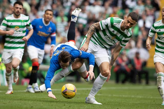 Scott Wright and Nir Bitton in action during a cinch Premiership match between Celtic and Rangers.  (Photo by Alan Harvey / SNS Group)