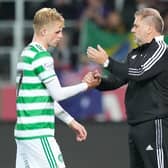 Celtic's Stephen Welsh (L) and manager Ange Postecoglou earlier in the season.