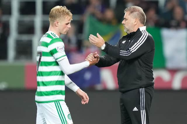 Celtic's Stephen Welsh (L) and manager Ange Postecoglou earlier in the season.