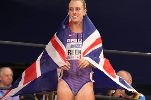Great Britain's Jemma Reekie celebrates silver in the Women's 800m final during day three of the World Indoor Athletics Championships at the Emirates Arena, Glasgow. Picture date: Sunday March 3, 2024.