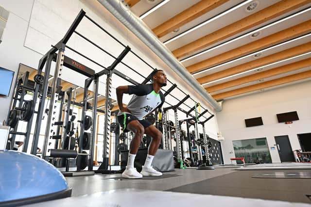 New Liverpool midfielder Ryan Gravenberch is put through his paces at the AXA Training Centre.