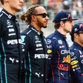 From left to right, George Russell, Lewis Hamilton, Max Verstappen, Sergio 'Checo' Perez, Charles Leclerc, and Carlos Sainz line up ahead of the Bahrain Grand Prix. Photo: Mark Thompson/Getty Images.