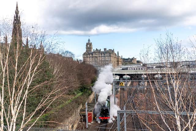 Flying Scotsman leaving Waverley Station in Edinburgh on Friday after a visit to commemorate its 100th birthday. Picture: Peter Summers/Getty Images