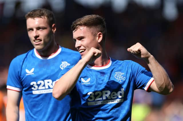 Rangers' Charlie McCann celebrates scoring their side's second goal of the game during a pre-season friendly match at Bloomfield Road, Blackpool.