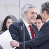 Labour leader Sir Keir Starmer (right) and former Prime Minister Gordon Brown greet each other during a Labour Party press conference at Nexus, University of Leeds, in Yorkshire, to launch a report on constitutional change and political reform that would spread power, wealth and opportunity across the UK. Picture date: Monday December 5, 2022.