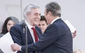 Labour leader Sir Keir Starmer (right) and former Prime Minister Gordon Brown greet each other during a Labour Party press conference at Nexus, University of Leeds, in Yorkshire, to launch a report on constitutional change and political reform that would spread power, wealth and opportunity across the UK. Picture date: Monday December 5, 2022.