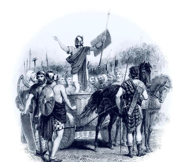 A depiction of Calgacus who is said to have led tribes of Caledonia against the Romans at the Battle of Mons Graupius in AD83.