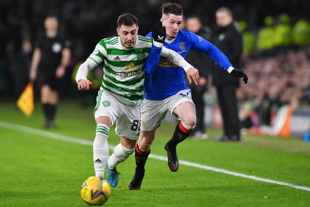 Celtic right-back Josip Juranovic dominated his individual battle with Rangers winger Ryan Kent. (Photo by Mark Runnacles/Getty Images)