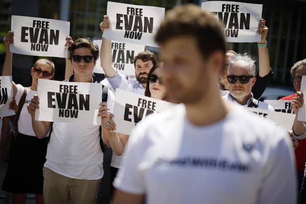 Journalists and members of the Independent Association of Publishers' Employees hold a rally in Washington DC to call for release of Wall Street Journal reporter Evan Gershkovich.