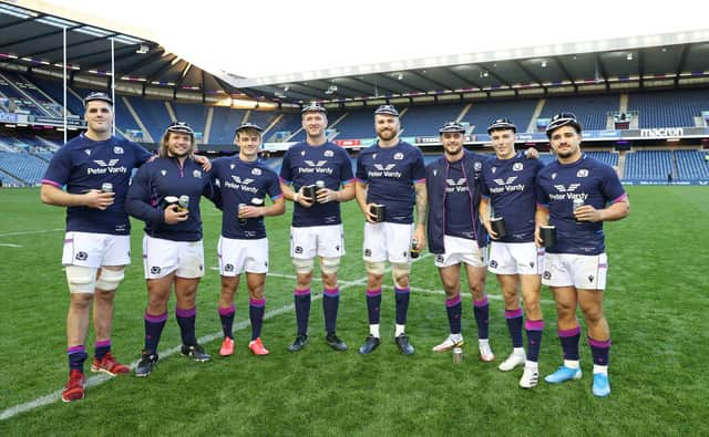 Edinburgh's Marshall Sykes, Pierre Schoeman, Jamie Hodgson and Luke Crosbie were among eight Scotland debutants against Tonga. (Photo by Craig Williamson / SNS Group)