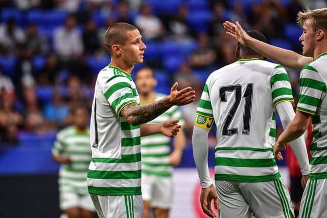 Patryk Klimala celebrates his goal for Celtic against Nice.