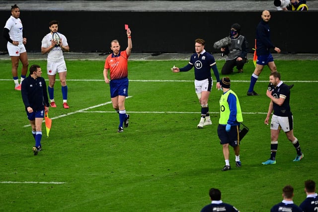 Scotland's cause looked bleak when Finn Russell received a red card from English referee Wayne Barnes with nine minutes to go of the 2021 match in Paris. The stand-off was penalised for catching Brice Dulin near the throat with his elbow as he attempted to fend off the France full-back. Adam Hastings came off the bench to play a crucial role at fly-half in the final minutes, with Sam Johnson the unlucky back to be sacrificed.