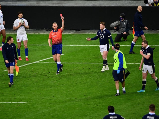 Scotland's cause looked bleak when Finn Russell received a red card from English referee Wayne Barnes with nine minutes to go of the 2021 match in Paris. The stand-off was penalised for catching Brice Dulin near the throat with his elbow as he attempted to fend off the France full-back. Adam Hastings came off the bench to play a crucial role at fly-half in the final minutes, with Sam Johnson the unlucky back to be sacrificed.