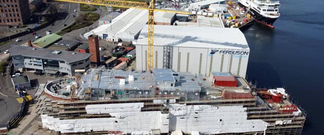 Hull 802 under construction at the Ferguson Marine shipyard in Port Glasgow in April with sister ferry Glen Sannox afloat behind. Picture: John Devlin