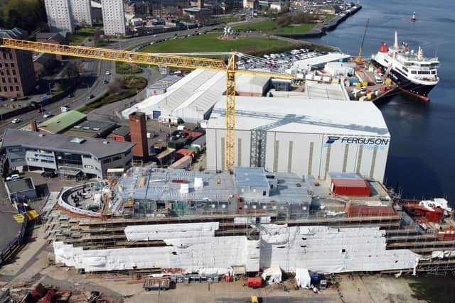 Hull 802 under construction at the Ferguson Marine shipyard in Port Glasgow in April with sister ferry Glen Sannox afloat behind. Picture: John Devlin