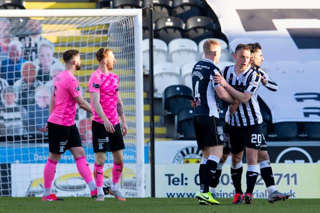 St Mirren celebrate Kristian Dennis' equaliser.