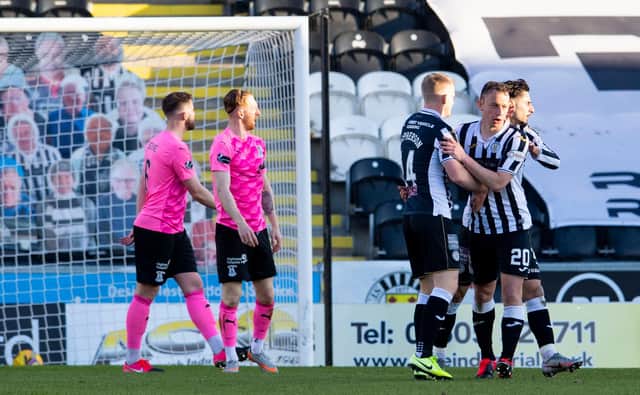 St Mirren celebrate Kristian Dennis' equaliser.
