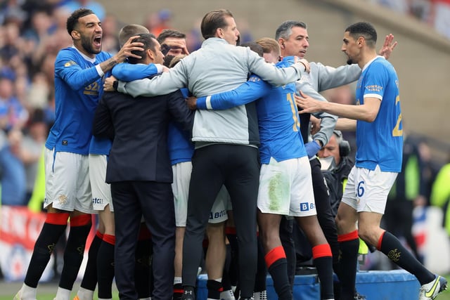 Rangers' Scott Wright (centre) celebrates with team-mates after scoring their side's second goal of the game during the Scottish Cup final at Hampden Park, Glasgow. Picture date: Saturday May 21, 2022.