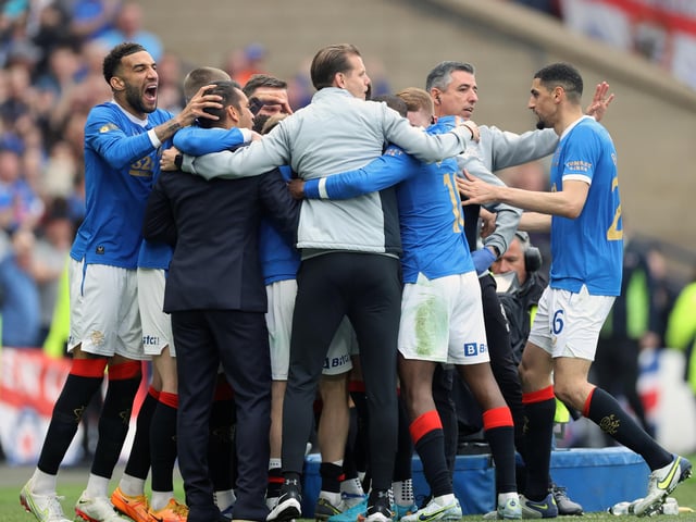 Rangers' Scott Wright (centre) celebrates with team-mates after scoring their side's second goal of the game during the Scottish Cup final at Hampden Park, Glasgow. Picture date: Saturday May 21, 2022.