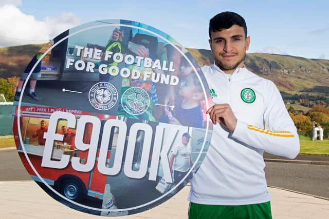 Celtic's Mohamed Elyounoussi highlights the fact that the club's charity foundation's fund Football for Good has now raised £900,000 to assist those affected by Covid-19 (Photo by Craig Foy-SNS group)